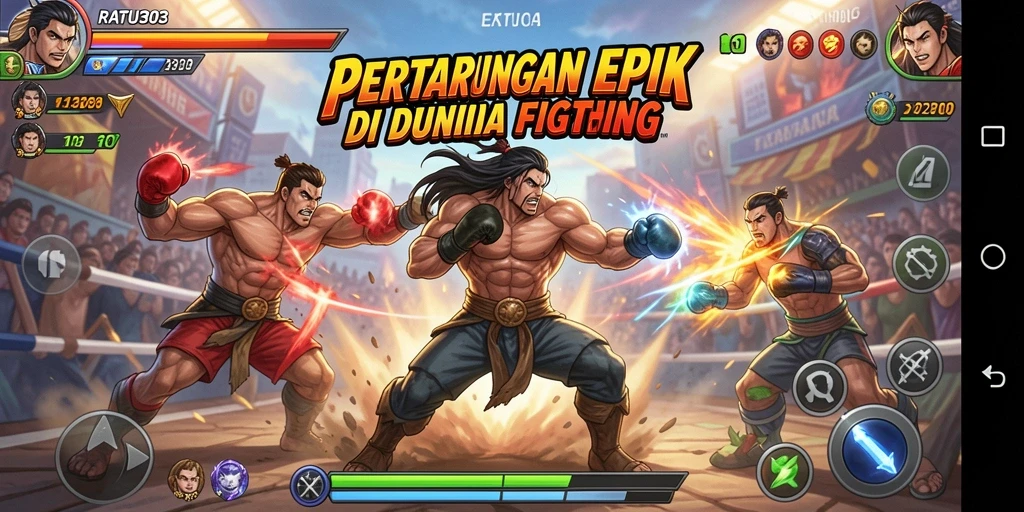 Screenshot gameplay RATU303 menampilkan pertarungan seru karakter dengan efek visual menawan.