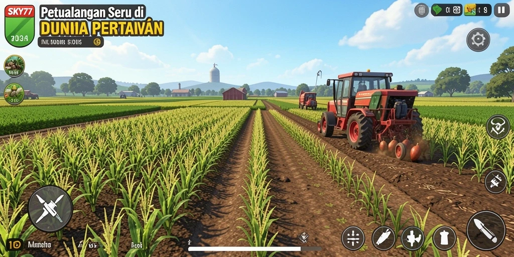 Screenshot gameplay <strong>SKY77</strong> yang menunjukkan aktivitas bertani yang seru.